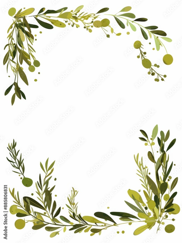 Poster minimalistic olive green branch frame on white background with copy space