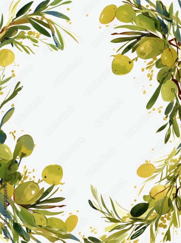 Poster minimalistic olive green branch frame on white background with copy space