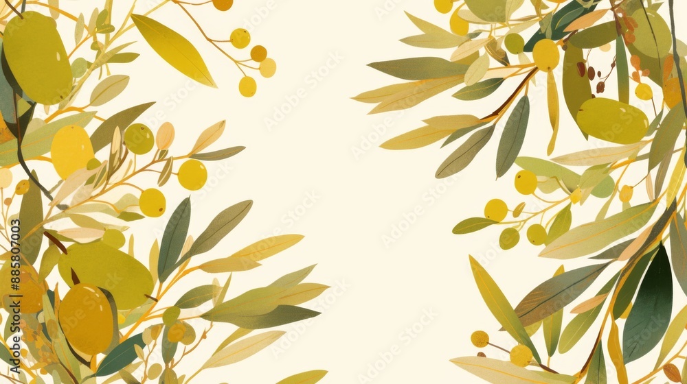 Poster minimalistic olive green branch frame on white background with copy space