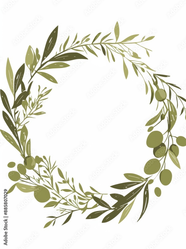 Poster minimalistic olive green branch frame on white background with copy space