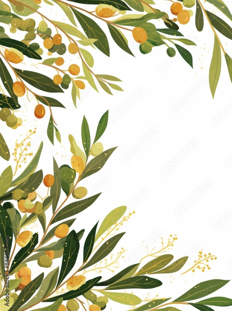 Poster minimalistic olive green branch frame on white background with copy space