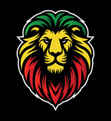 Obraz premium Lion of Judah face eps vector art image illustration. Rasta Jamaican lion head front view with rastafarian reggae colors on dark background.