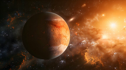 Obraz premium A solar planet in a cosmic setting with a bright star and distant galaxies in the background