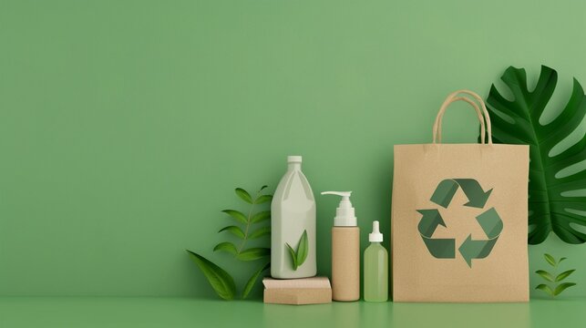 Green initiative showcasing biodegradable packaging, products displayed in an eco-conscious setting, promoting sustainable practices, flat design illustration