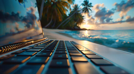 A close-up of a laptop on a beach at sunset, representing remote work and digital nomad lifestyle in a tropical paradise.