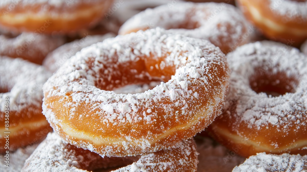 Poster colorful stack of powdered donuts on plain background, emphasizing shape and vibrancy