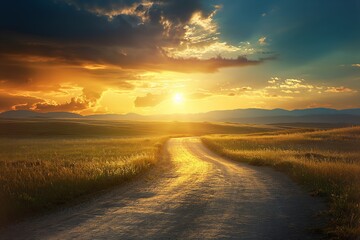 A dirt road winding through a grassy field at sunset with dramatic clouds in the sky