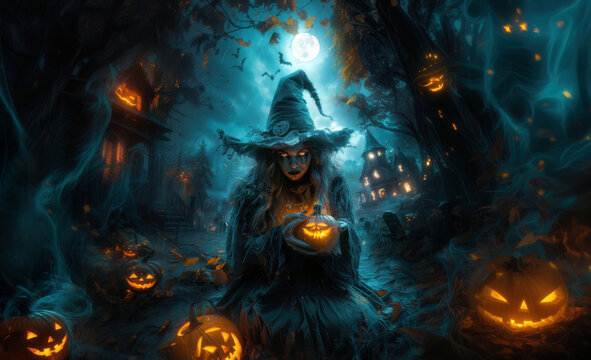 The witch is casting a spell to summon ghosts.