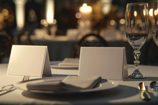 Two white place cards sit table setting ready to be filled with names formal dinner. table set with white linens plate silverware. background is blurred candles out of focus. seating cards