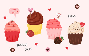 Set of illustrations with sweet cupcakes. Romantic set for Valentines Day and birthday. Vector illustration