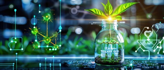Bio-Tech Growth, Plant in a jar with digital connections, Sustainable Future.