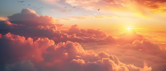 Fototapeta premium Sunset Cloudscape With Birds Flying High