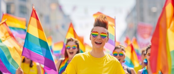 Celebratory Pride Parade with Joyful People Wearing Rainbow Flags and Heart-Shaped Sunglasses