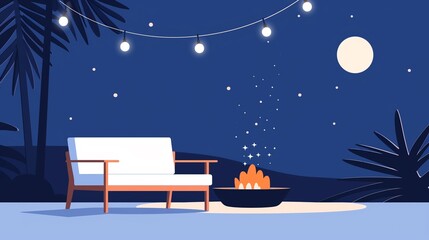 Naklejka premium Outdoor patio with soft fairy lights, cushioned seating, and a warm fire pit, creating a cozy mood for evening gatherings under the stars, flat design illustration