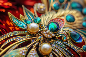 Art Nouveau Brooch with Pearls and Gemstones in Close Up
