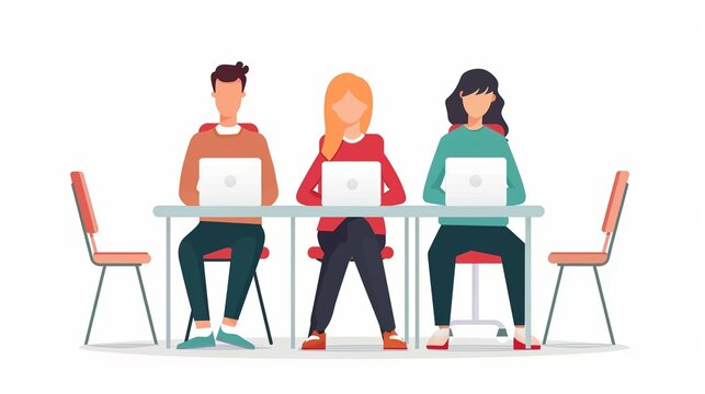 Practical application of educational technology in a classroom, highlighting the implementation and utilization of interactive learning tools by students and teachers, flat design illustration