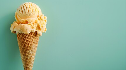 Light Orange Ice Cream Cone on a green Background with Copy Space