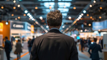 Networking Professional Engaged at Trade Show Captivating Image of Businessman Surveys Event Amongst Bright Lights and Bustling Environment Canon EOS R5 Style