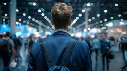 Fototapeta premium Professional Networking in a Modern Conference Hall Captivating Image of Man in Blue Suit Engaging with Attendees at Event Canon EOS R5 Style