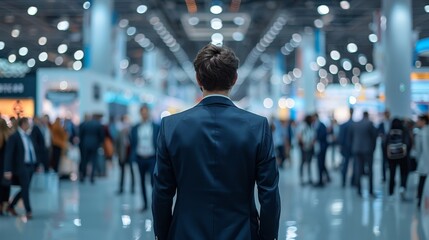 Fototapeta premium Dynamic Corporate Gathering Navy Suit Executive at Vibrant Conference with Engaging Atmosphere Canon EOS R5 Stock Image