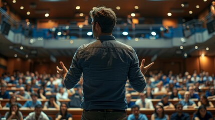 Captivating Conference Charismatic Speaker Engages Audience with Dynamic Gestures in WellLit Hall Canon EOS R5 Style