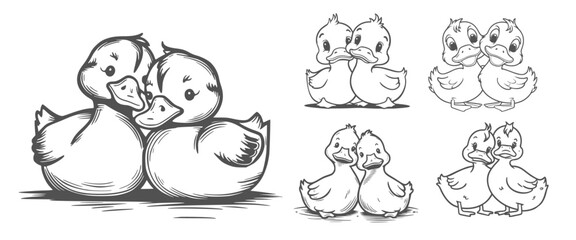 Duck valentine's couple lean on each other in black outline, illustration set, Generative Ai