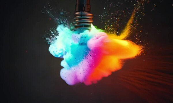 Close up shot of a light bulb exploding in a colorful powder.