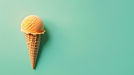 Orange Ice Cream Cone on a green Background with Copy Space