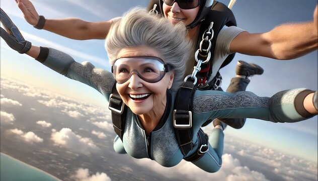 Abuela sexagenaria de la tercera edad avent&aacute;ndose de un paraca&iacute;das, sonriente y disfrutando. Sexalescencia. 