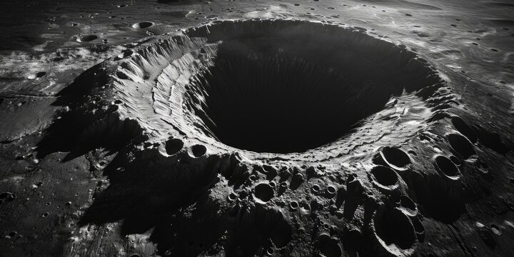 A black and white photo of a crater on the moon's surface, with rough terrain and rocky formations
