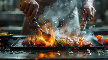 chefs hands with spatula over teppanyaki cooking vegetables meat and seafood on hot hibachi grill table Traditional Japanese Cuisine Teppan show with flambe