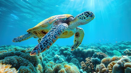 Majestic Sea Turtle Gliding Through Vibrant Coral Reef with Sunlight Filtering Through Clear Blue Ocean Waters