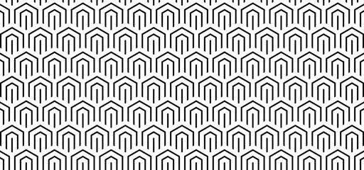 Seamless geometric pattern with hexagons, line. Black and white abstract background.