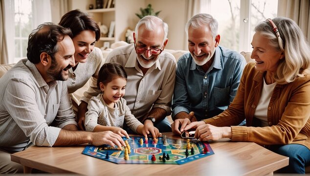 Familia conviviendo y jugando un juego de mesa juntos