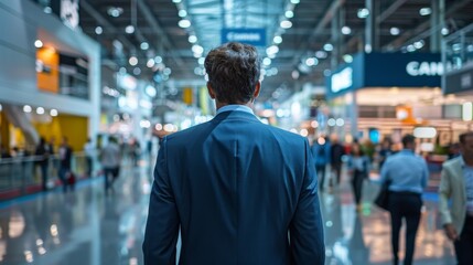 Fototapeta premium Business Networking at a Vibrant Trade Show Professional in Blue Suit Engaged in Discussion Amidst Busy Exhibition Hall Modern Dynamic and Bright Canon EOS R5 Capture