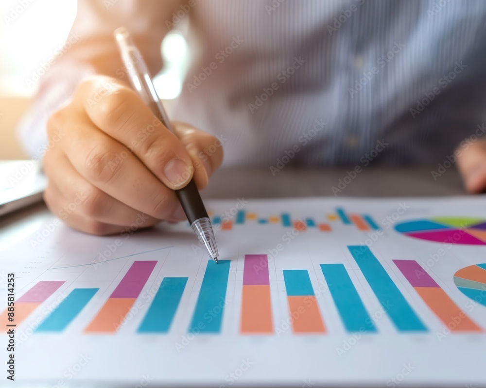 Aufkleber Consultant explaining financial data with pie charts and graphs, Documents financial charts consultant analysis, Datadriven explanation