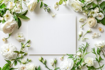 A close-up of a white card surrounded by white flowers and lush greenery