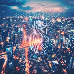 Close up of digital fingerprint on metal surface with futuristic cityscape in the background