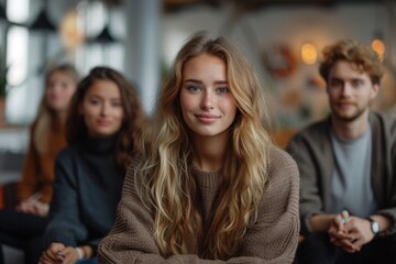 Obraz premium Young Woman in a Brown Sweater Smiling