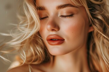 Fototapeta premium Close up portrait of a beautiful young woman with long blond hair posing with her eyes closed