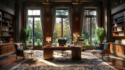 Opulent Office Oasis Luxurious Mansion Workspace with HighEnd Technology Grand Desk and Garden Views Canon EOS R5 Style
