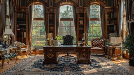 Opulent Office Oasis Luxurious Mansion Workspace with HighEnd Technology Grand Desk and Garden Views Canon EOS R5 Style