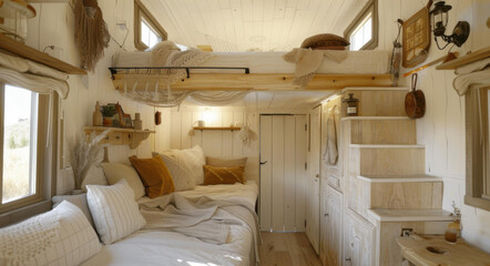 A cozy and bright tiny house interior with a bed, a sitting area, and a kitchen. AI.