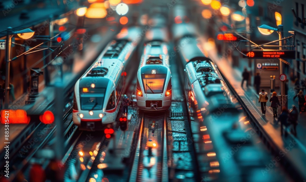 Poster a tilt-shift image of a train station with multiple trains and people on the platform. ai.