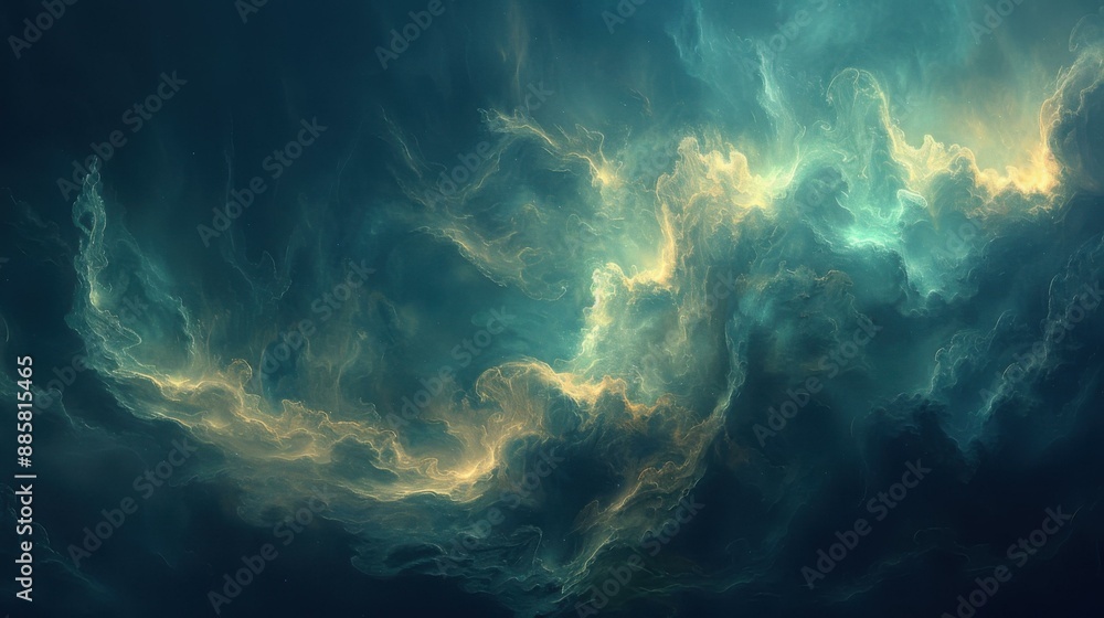 Poster fractal image with a blue and green color scheme. ai.
