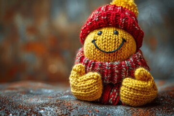 Fototapeta premium Yellow Knitted Smiling Toy Wearing Red Hat and Scarf