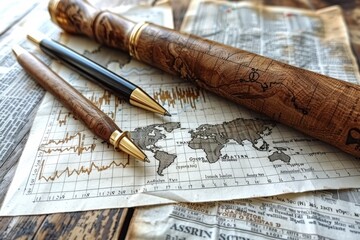 Two Wooden Pens Resting on World Map With Grid Lines