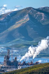 Fototapeta premium Large industrial wood pellet plant with billowing smoke from tall chimneys in full operation