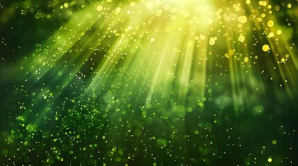 Golden Light Rays and Sparkles on Green Background
