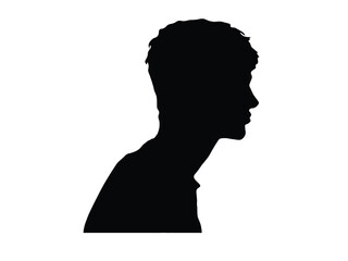 silhouette of a guy with tousled black hair on a white background.

